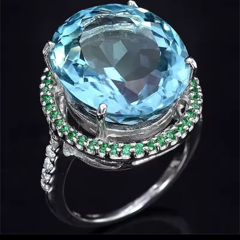 Aquamarine Halo & Sterling Silver Ring 7